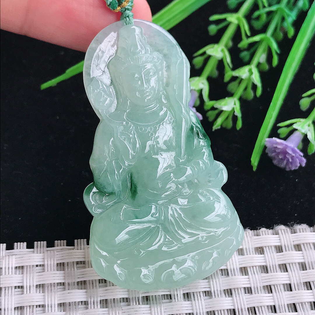 实拍A货翡翠53.8/31.5/5.6老坑精美冰润飘花虚空藏菩萨吊坠翡翠玉挂件