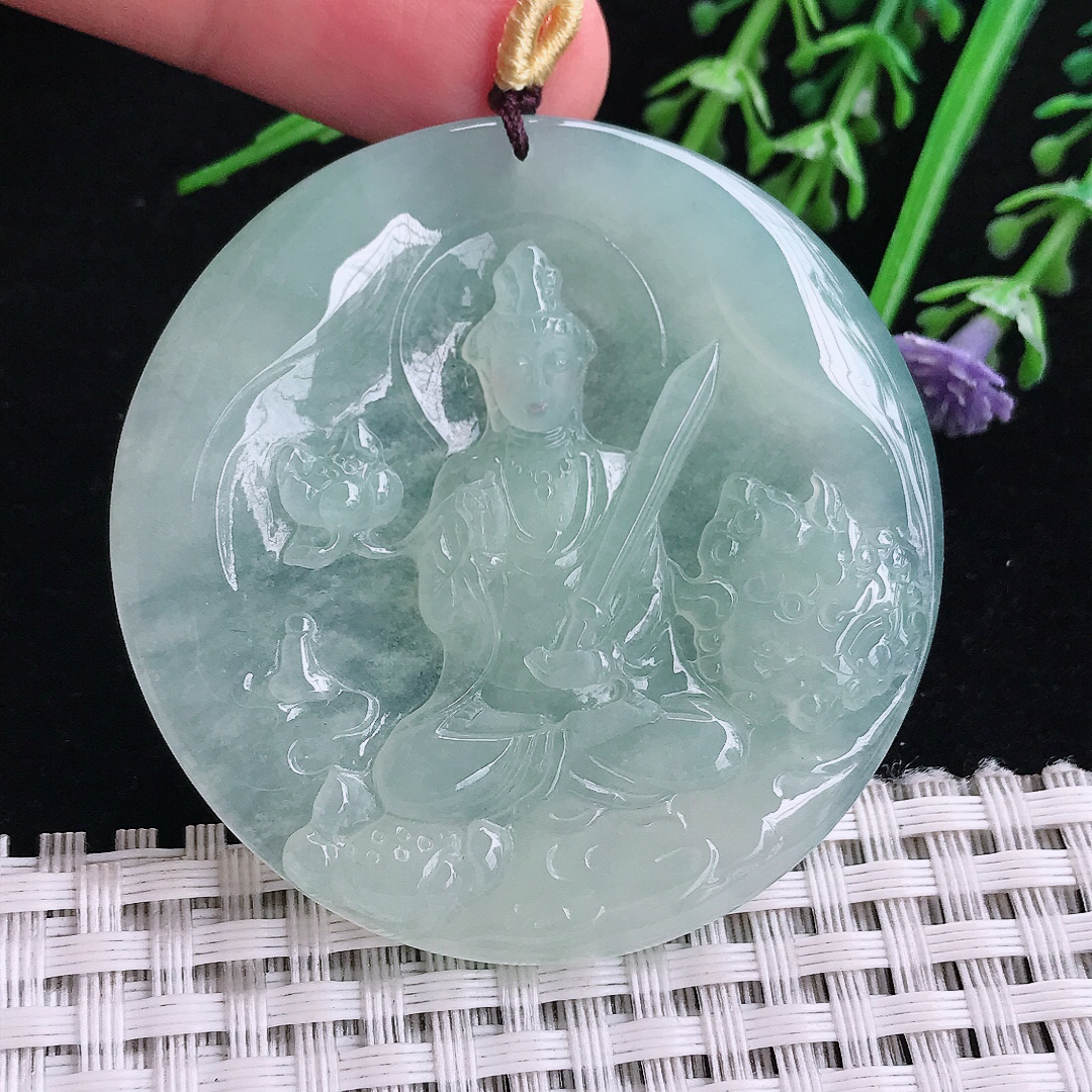 实拍A货翡翠52/5.6老坑冰胶果冻冰晴绿虚空藏菩萨吊坠翡翠玉挂件