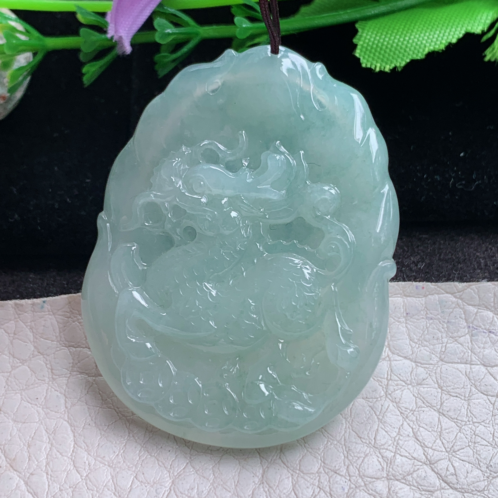 kh实拍50*38.5*6缅甸翡翠冰透晴水麒麟送瑞吊坠吉祥瑞兽