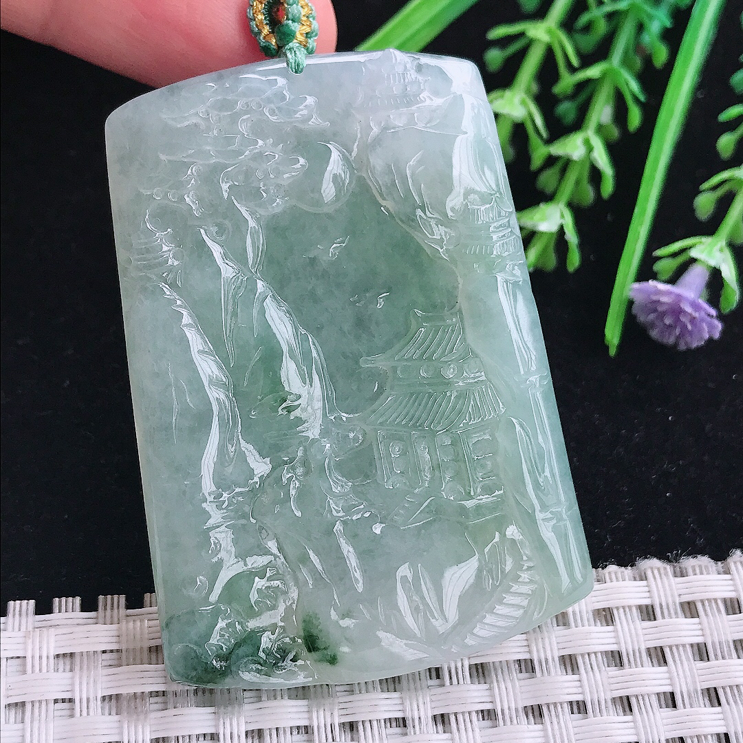实拍A货翡翠55.8/39.5/5.8老坑冰纯起胶冰晴山水牌吊坠翡翠玉挂件