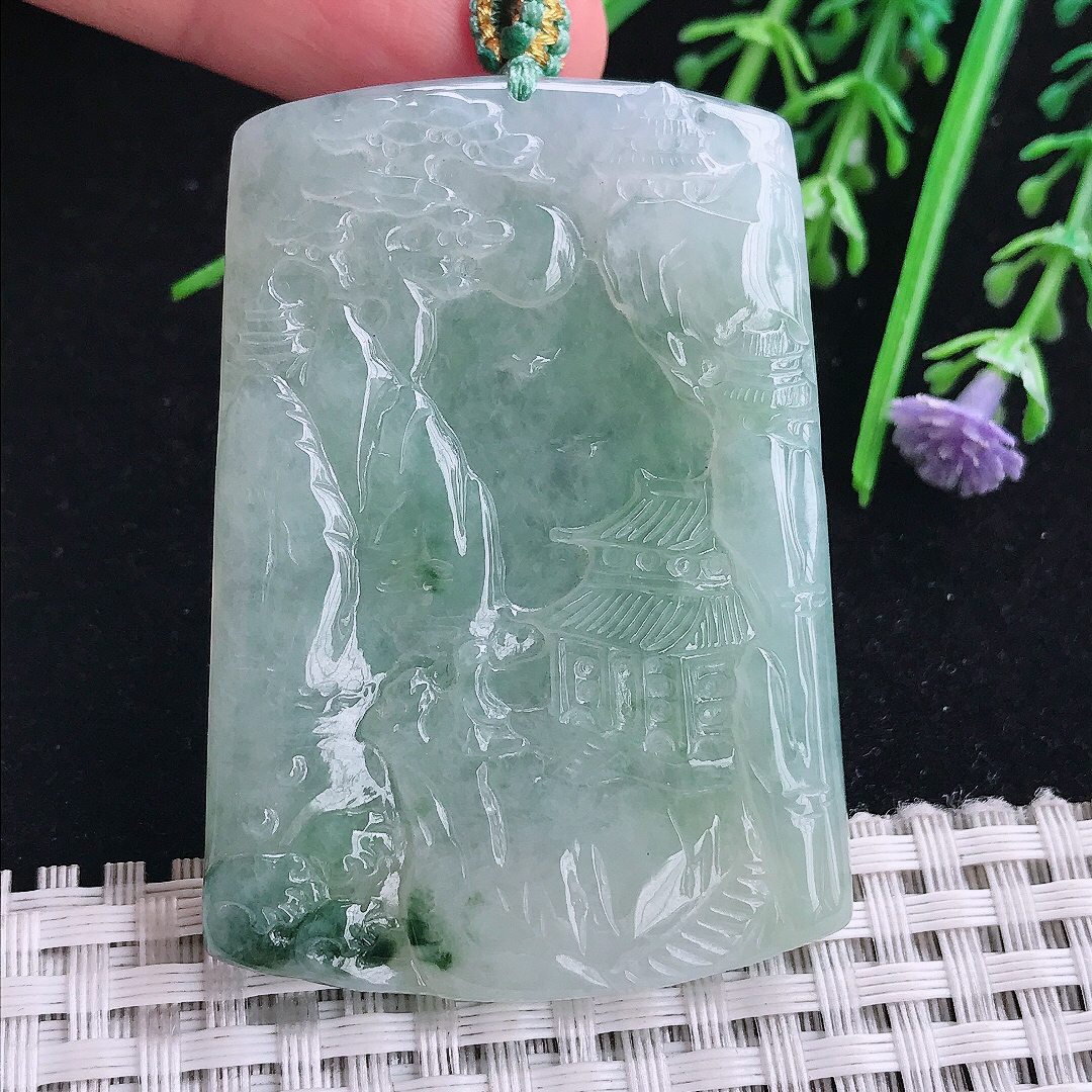 实拍A货翡翠55.8/39.5/5.8老坑冰纯起胶冰晴山水牌吊坠翡翠玉挂件