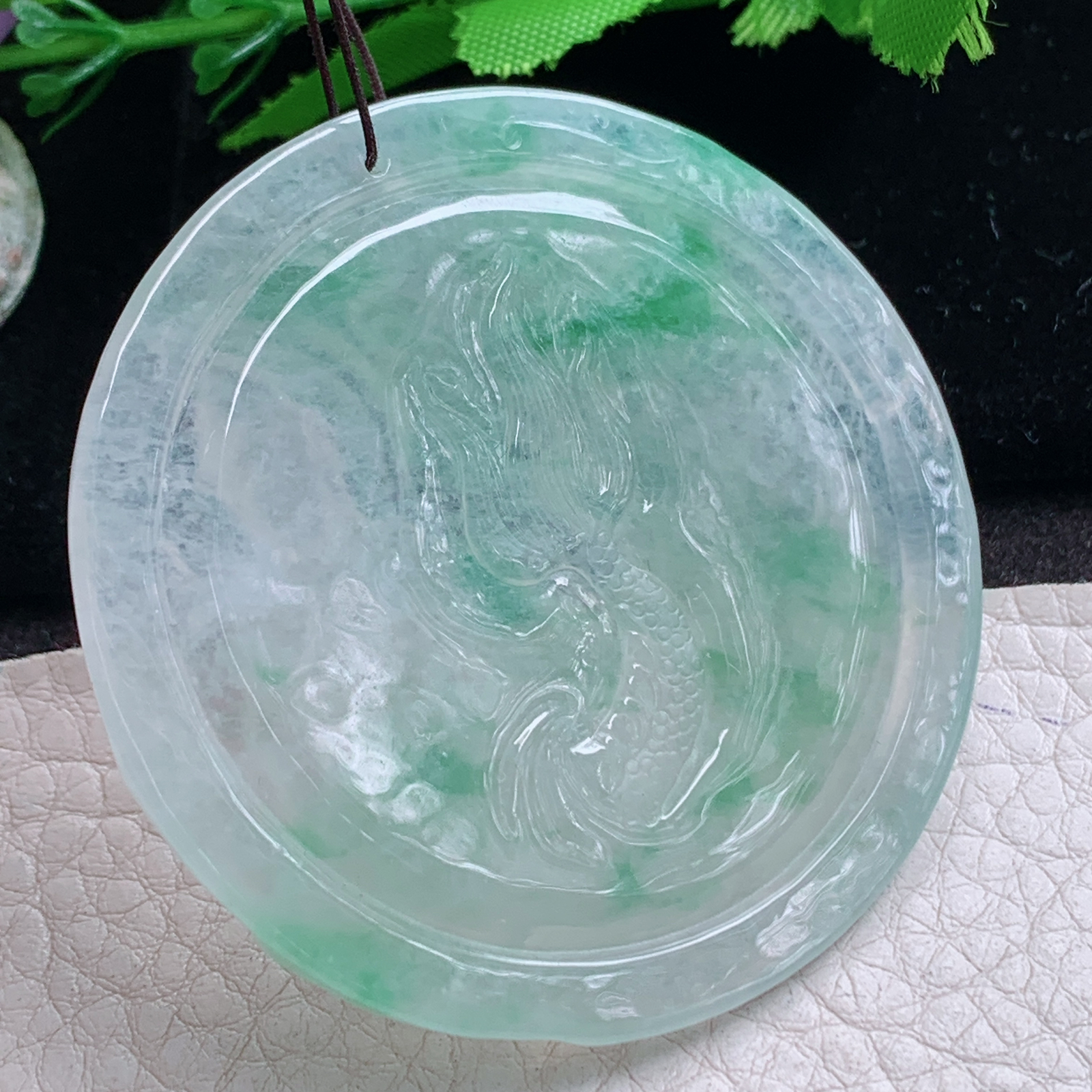 Yj实拍54.5*5.7缅甸翡翠冰透飘花御龙观音吊坠自在观音菩萨
