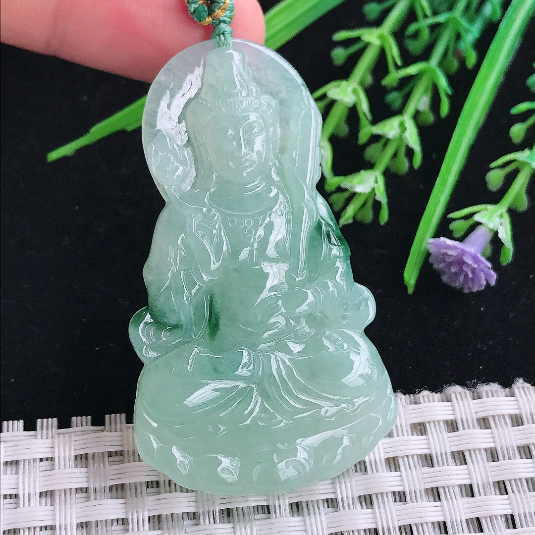 实拍A货翡翠53.8/31.5/5.6老坑精美冰润飘花虚空藏菩萨吊坠翡翠玉挂件