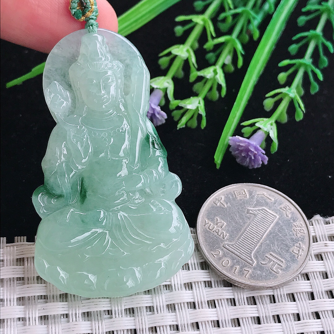 实拍A货翡翠53.8/31.5/5.6老坑精美冰润飘花虚空藏菩萨吊坠翡翠玉挂件
