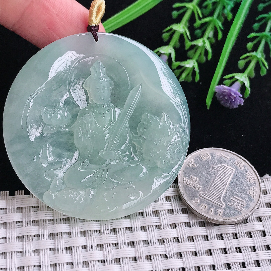实拍A货翡翠52/5.6老坑冰胶果冻冰晴绿虚空藏菩萨吊坠翡翠玉挂件