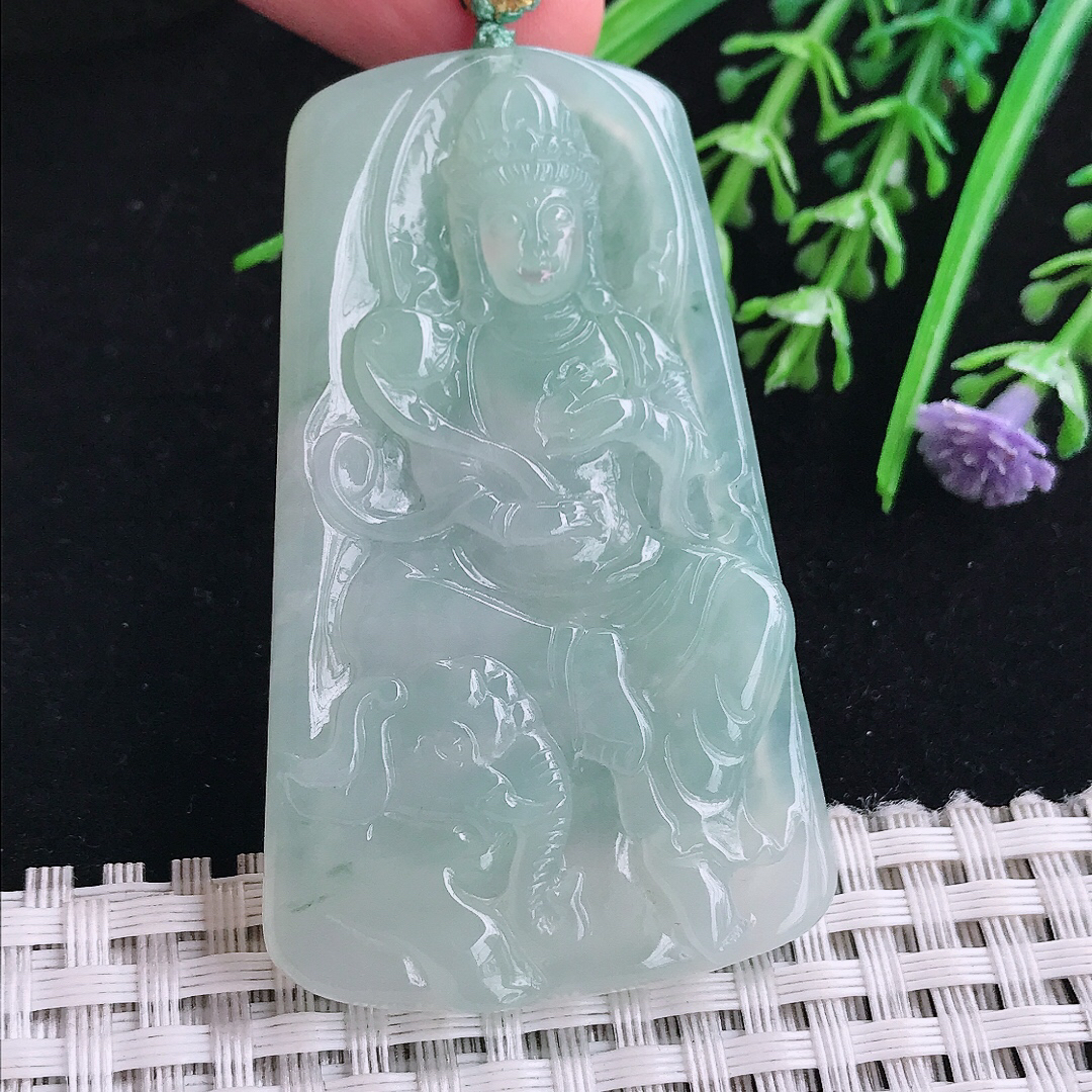 实拍A货翡翠58.8/36.2/6老坑冰胶果冻冰晴普贤菩萨吊坠翡翠玉挂件