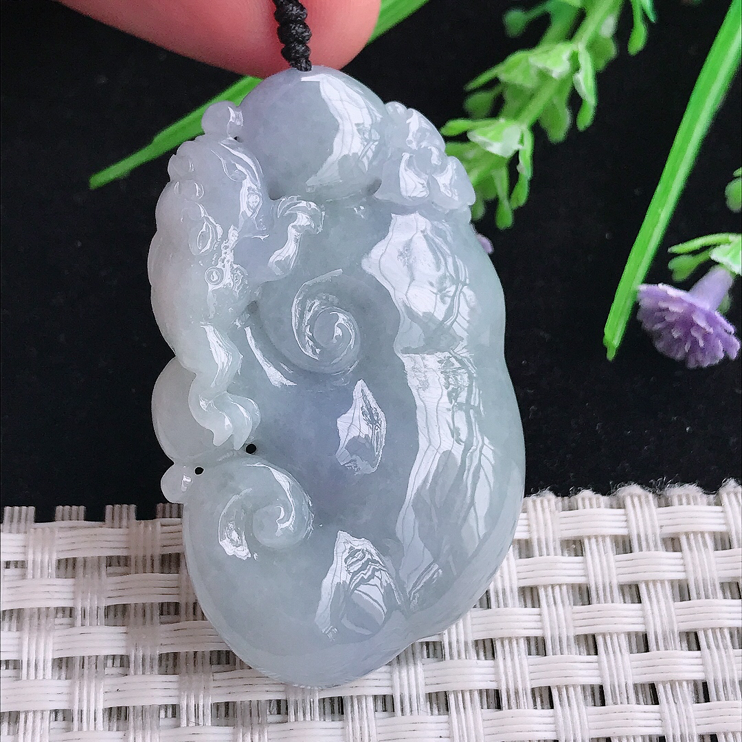 实拍A货翡翠48/29.7/8.1老坑精美温润紫罗兰如意吊坠翡翠玉挂件