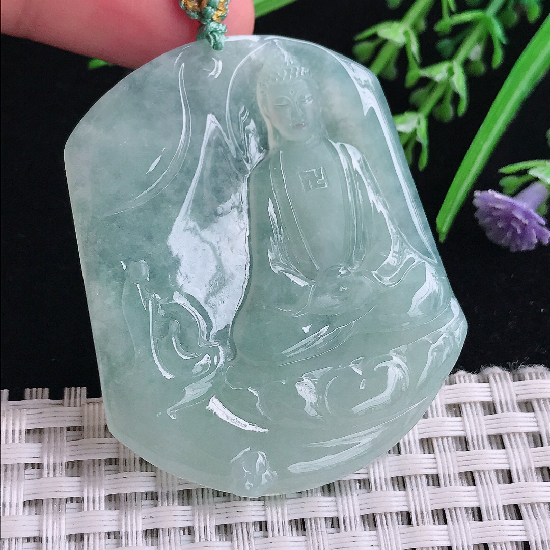 实拍A货翡翠51.2/43.3/5老坑冰晴绿大日如来佛祖吊坠翡翠玉挂件