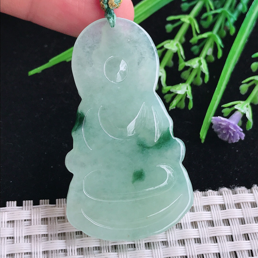 实拍A货翡翠53.8/31.5/5.6老坑精美冰润飘花虚空藏菩萨吊坠翡翠玉挂件