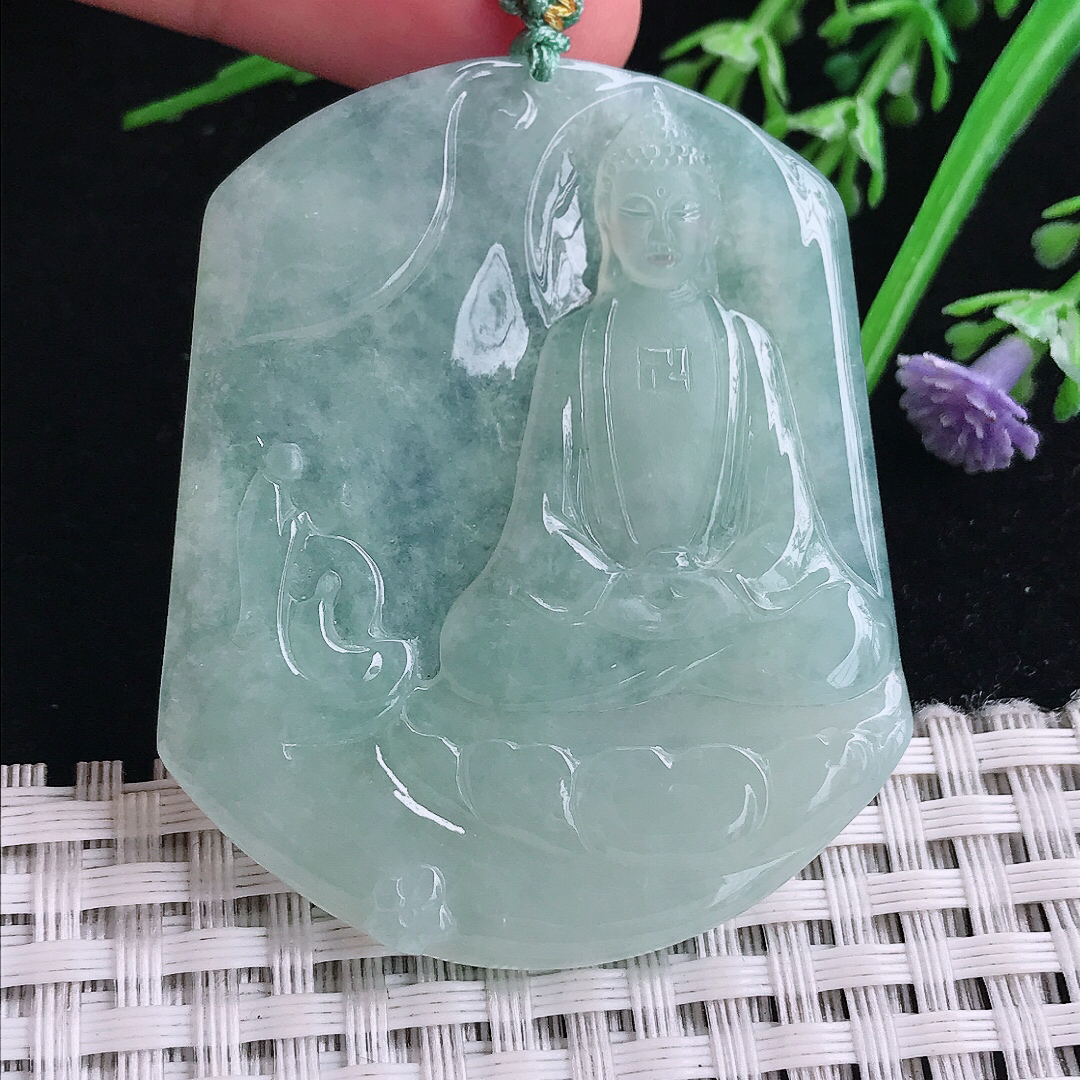 实拍A货翡翠51.2/43.3/5老坑冰晴绿大日如来佛祖吊坠翡翠玉挂件