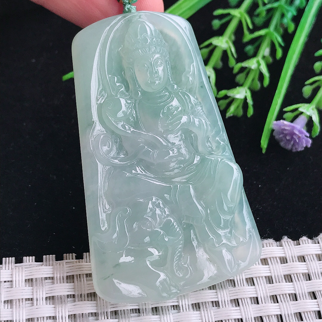 实拍A货翡翠58.8/36.2/6老坑冰胶果冻冰晴普贤菩萨吊坠翡翠玉挂件