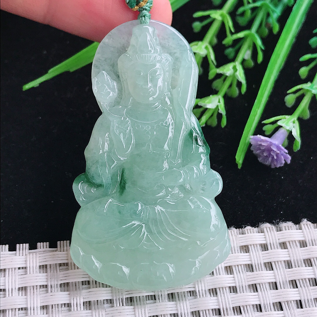 实拍A货翡翠53.8/31.5/5.6老坑精美冰润飘花虚空藏菩萨吊坠翡翠玉挂件