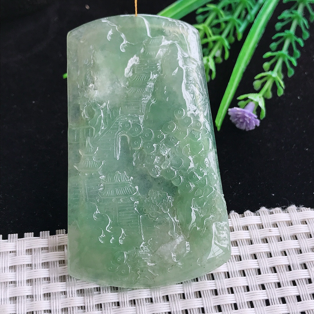 实拍A货翡翠70.5/41/4.7老坑冰透起胶冰晴绿山水牌吊坠翡翠玉挂件