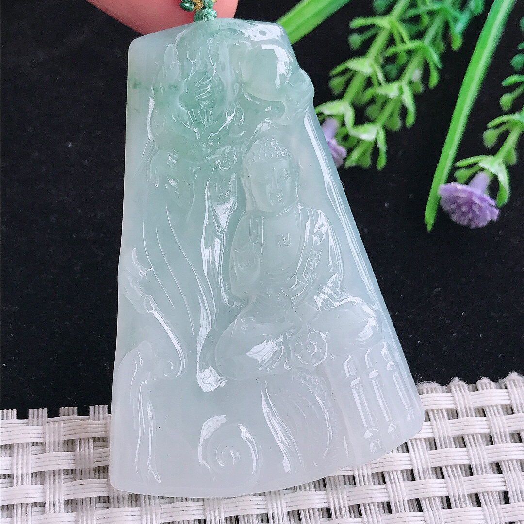 实拍A货翡翠62.6/43.4/5.5老坑冰润起胶冰晴阿弥陀佛吊坠翡翠玉挂件