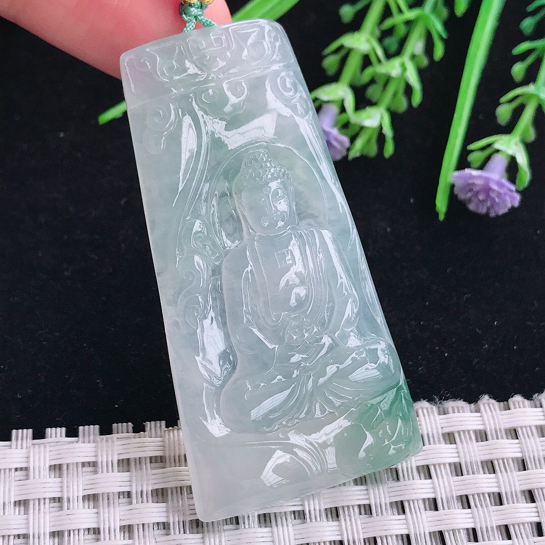 实拍A货翡翠57/29/5老坑冰透起胶飘花大日如来佛祖吊坠翡翠玉挂件