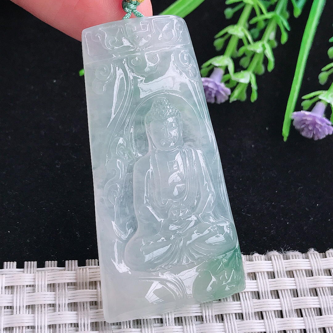 实拍A货翡翠57/29/5老坑冰透起胶飘花大日如来佛祖吊坠翡翠玉挂件