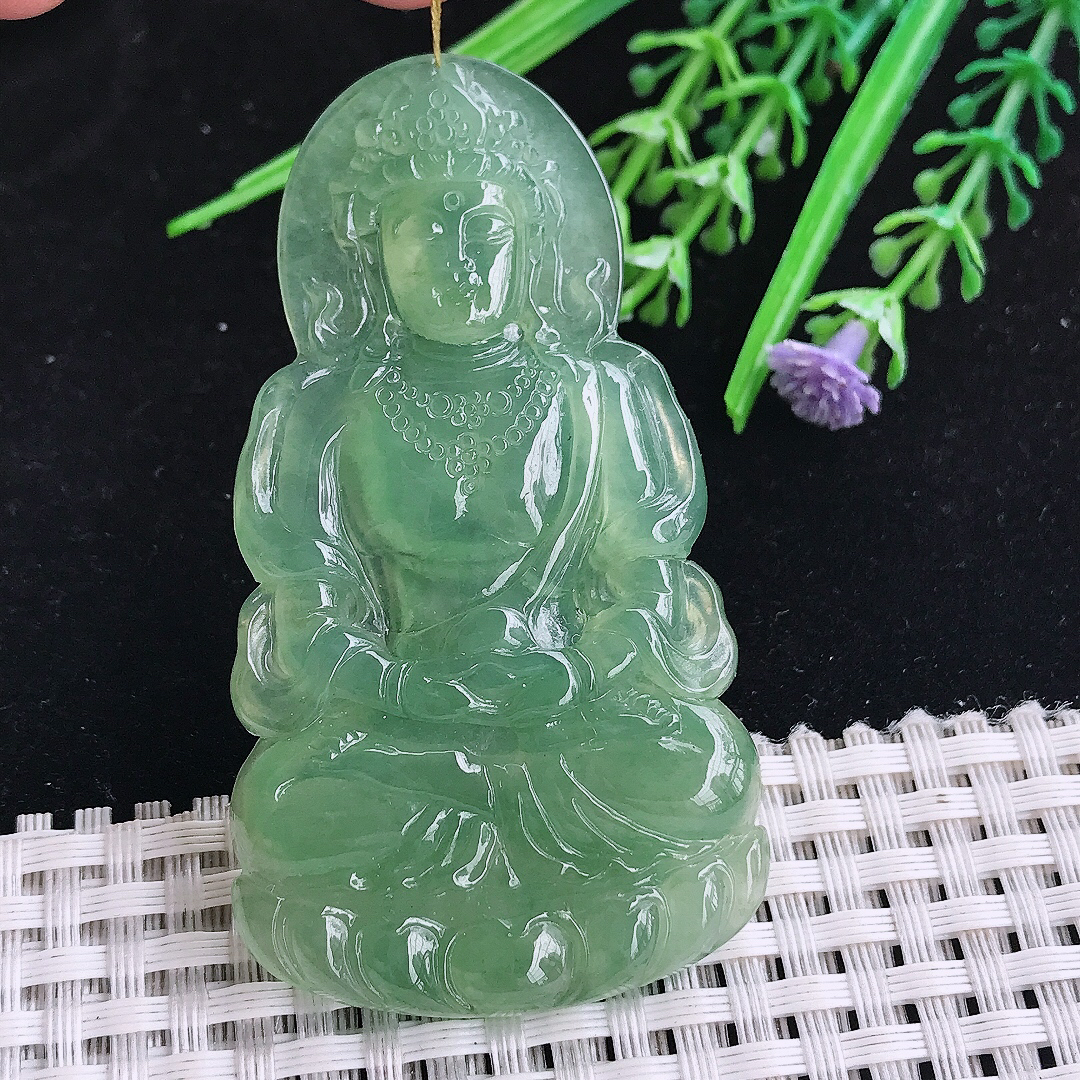 实拍A货翡翠66/36.5/5.5老坑冰胶冰晴满绿赐福观音吊坠翡翠玉观音