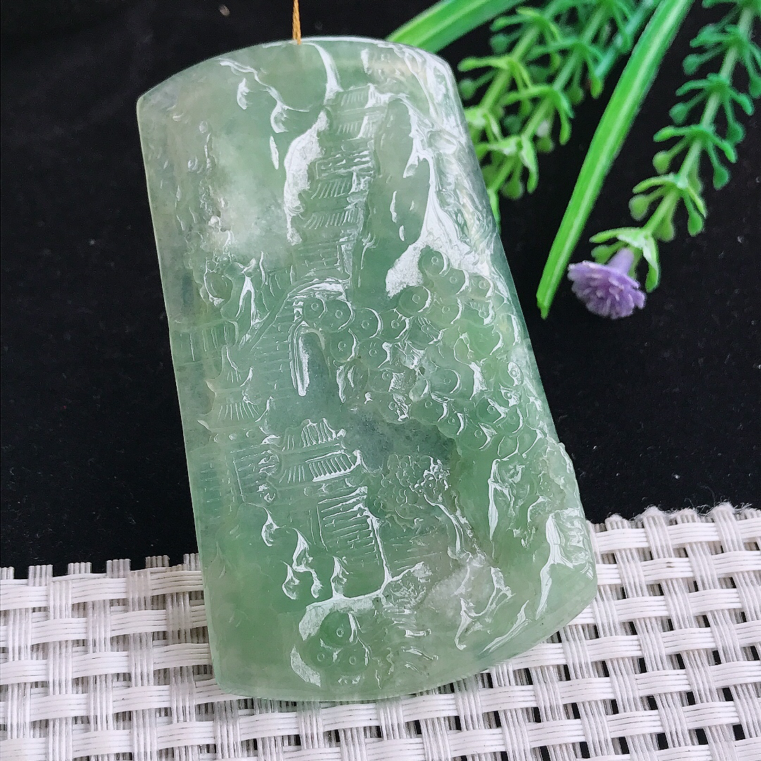 实拍A货翡翠70.5/41/4.7老坑冰透起胶冰晴绿山水牌吊坠翡翠玉挂件