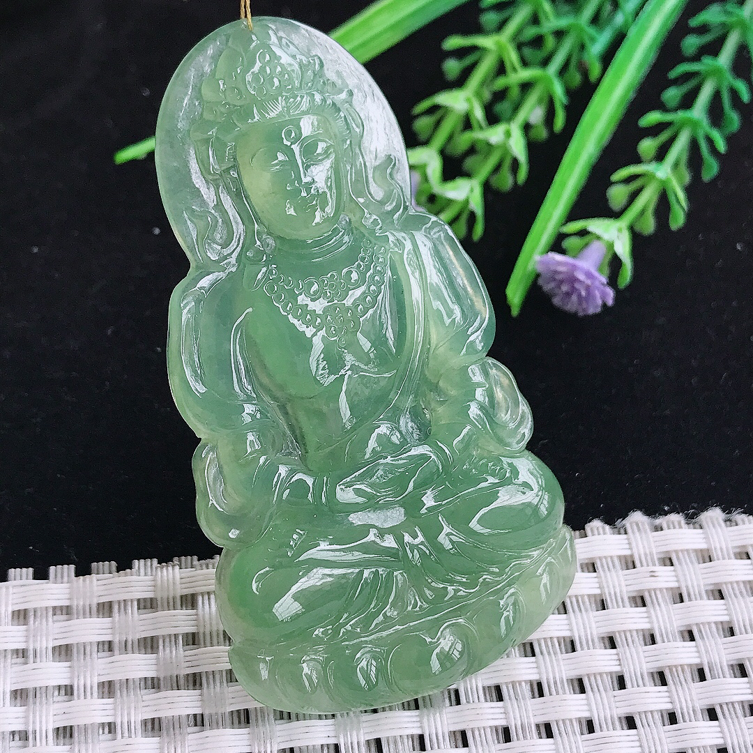实拍A货翡翠66/36.5/5.5老坑冰胶冰晴满绿赐福观音吊坠翡翠玉观音