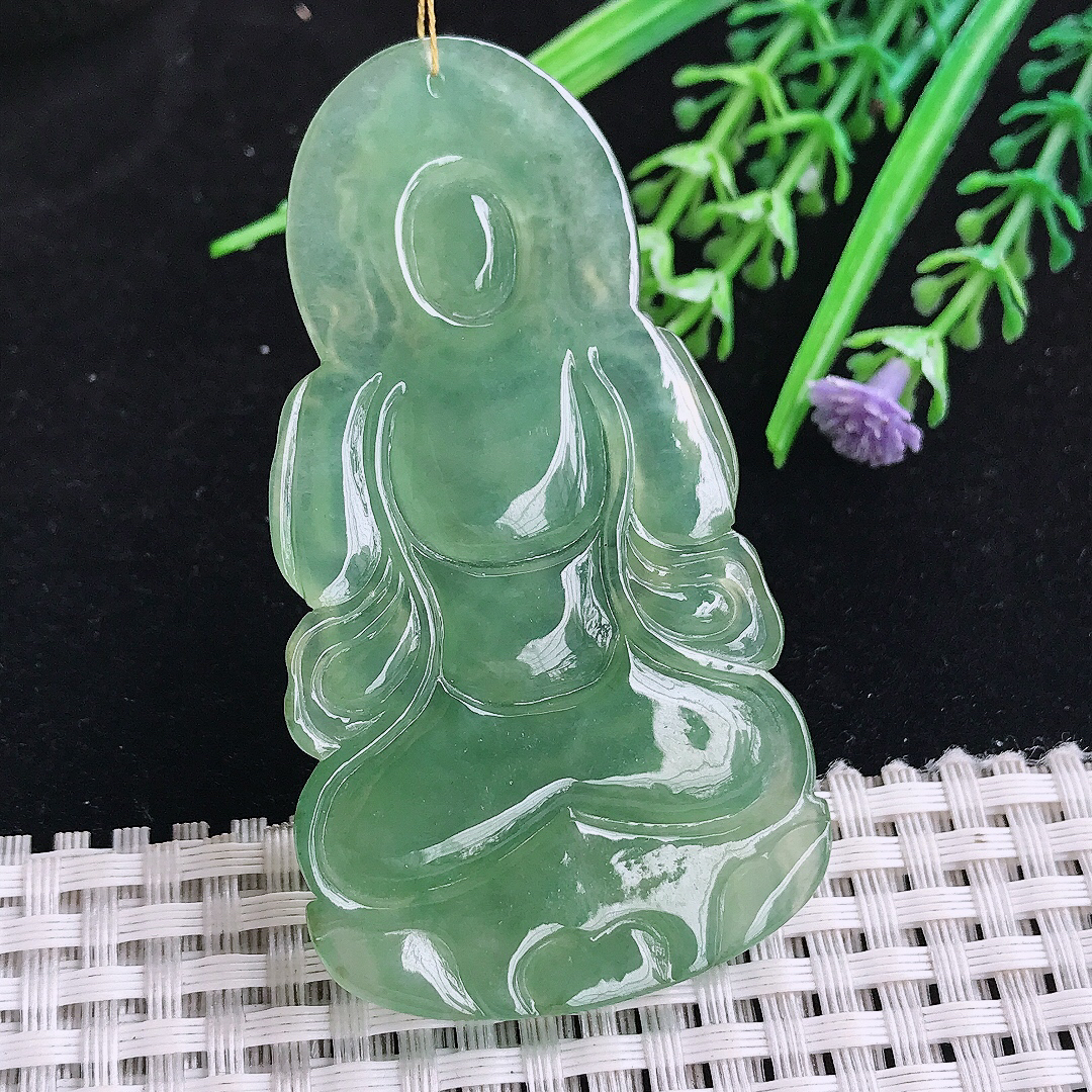 实拍A货翡翠66/36.5/5.5老坑冰胶冰晴满绿赐福观音吊坠翡翠玉观音