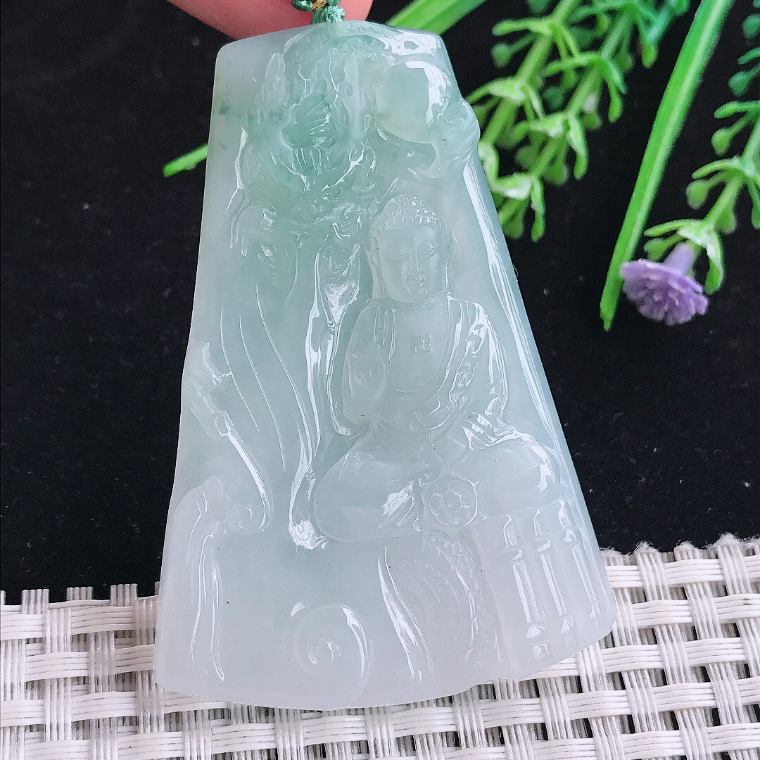 实拍A货翡翠62.6/43.4/5.5老坑冰润起胶冰晴阿弥陀佛吊坠翡翠玉挂件