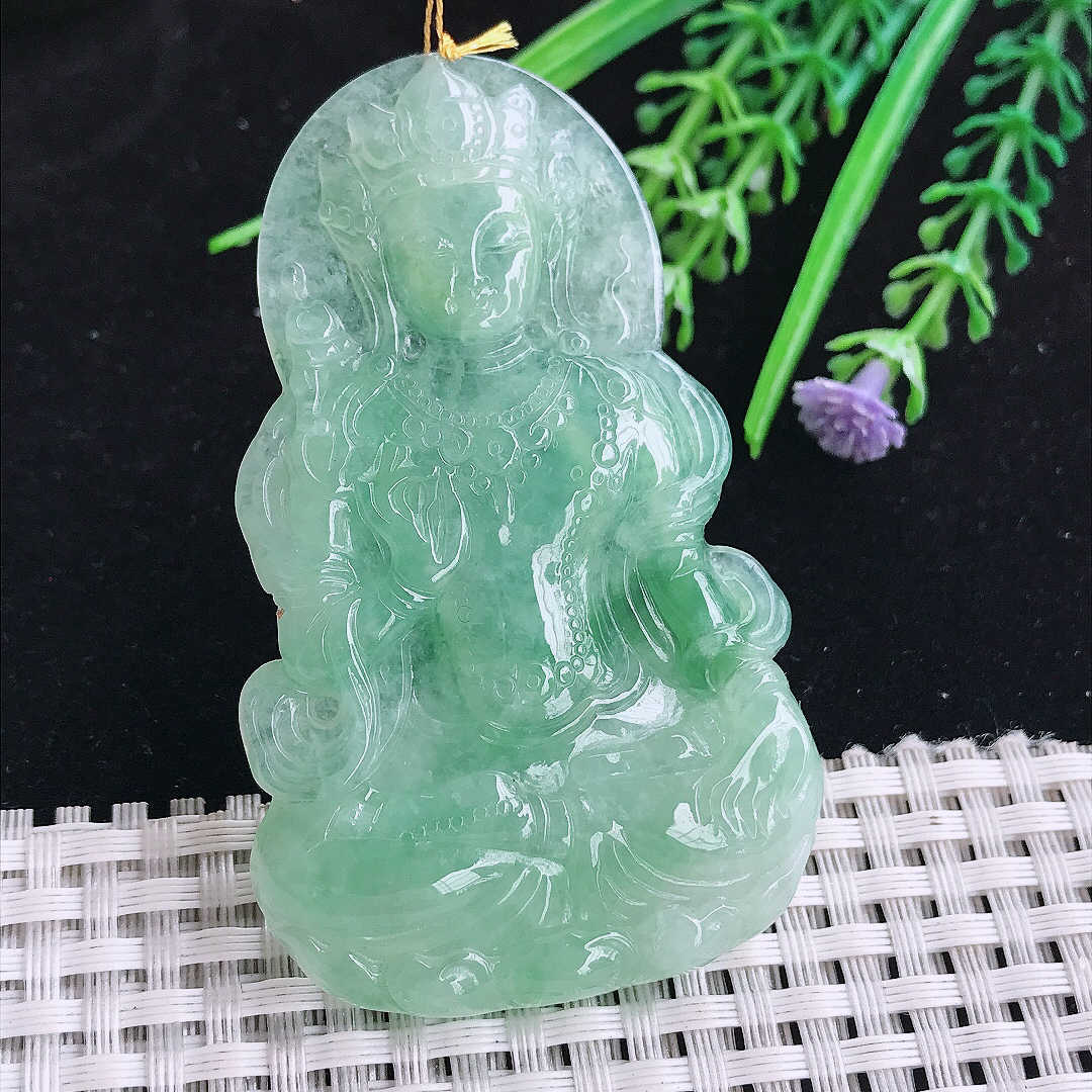 实拍A货翡翠68/41.2/5.5老坑冰润满绿度母菩萨吊坠翡翠玉挂件