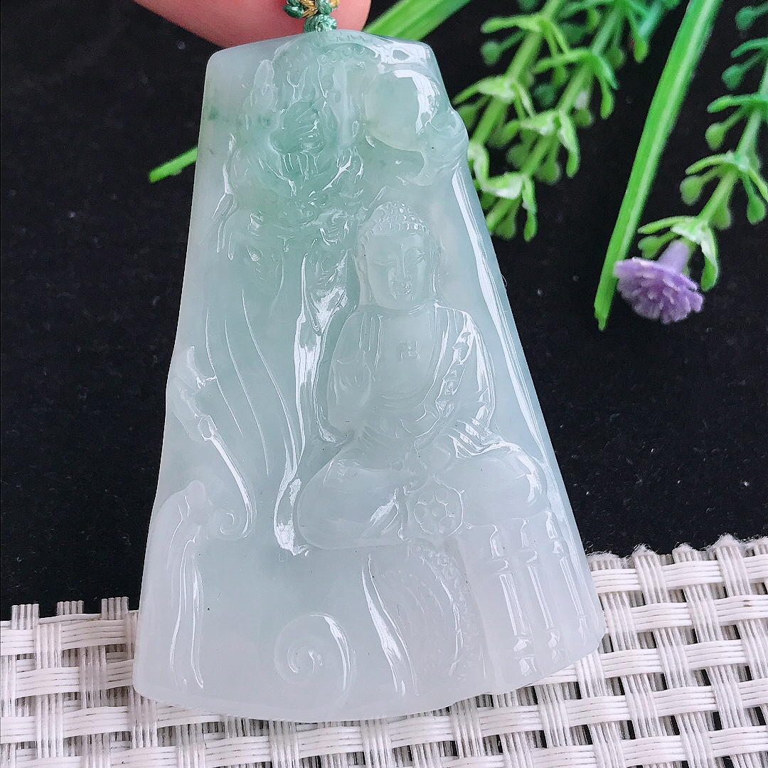 实拍A货翡翠62.6/43.4/5.5老坑冰润起胶冰晴阿弥陀佛吊坠翡翠玉挂件