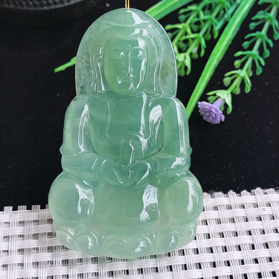 实拍A货翡翠69.8/43.8/6老坑冰润起胶甜绿满绿赐福观音吊坠翡翠玉观音