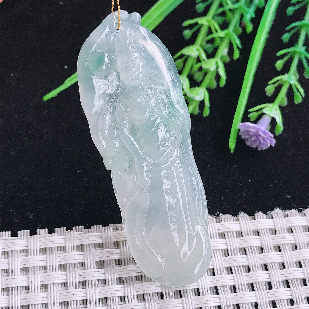 实拍A货翡翠60.5/22.2/6老坑冰透飘花自在观音吊坠翡翠玉挂件