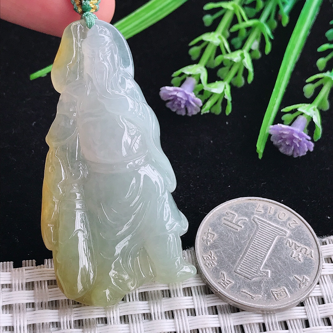 实拍A货翡翠53.8/27.2/9老坑冰胶冰黄翡关公吊坠翡翠玉挂件迦蓝菩萨