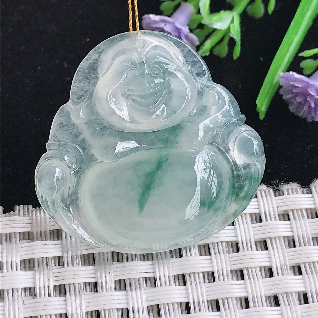 实拍A货翡翠31/32.5/6老坑冰种冰飘花佛公吊坠翡翠玉挂件