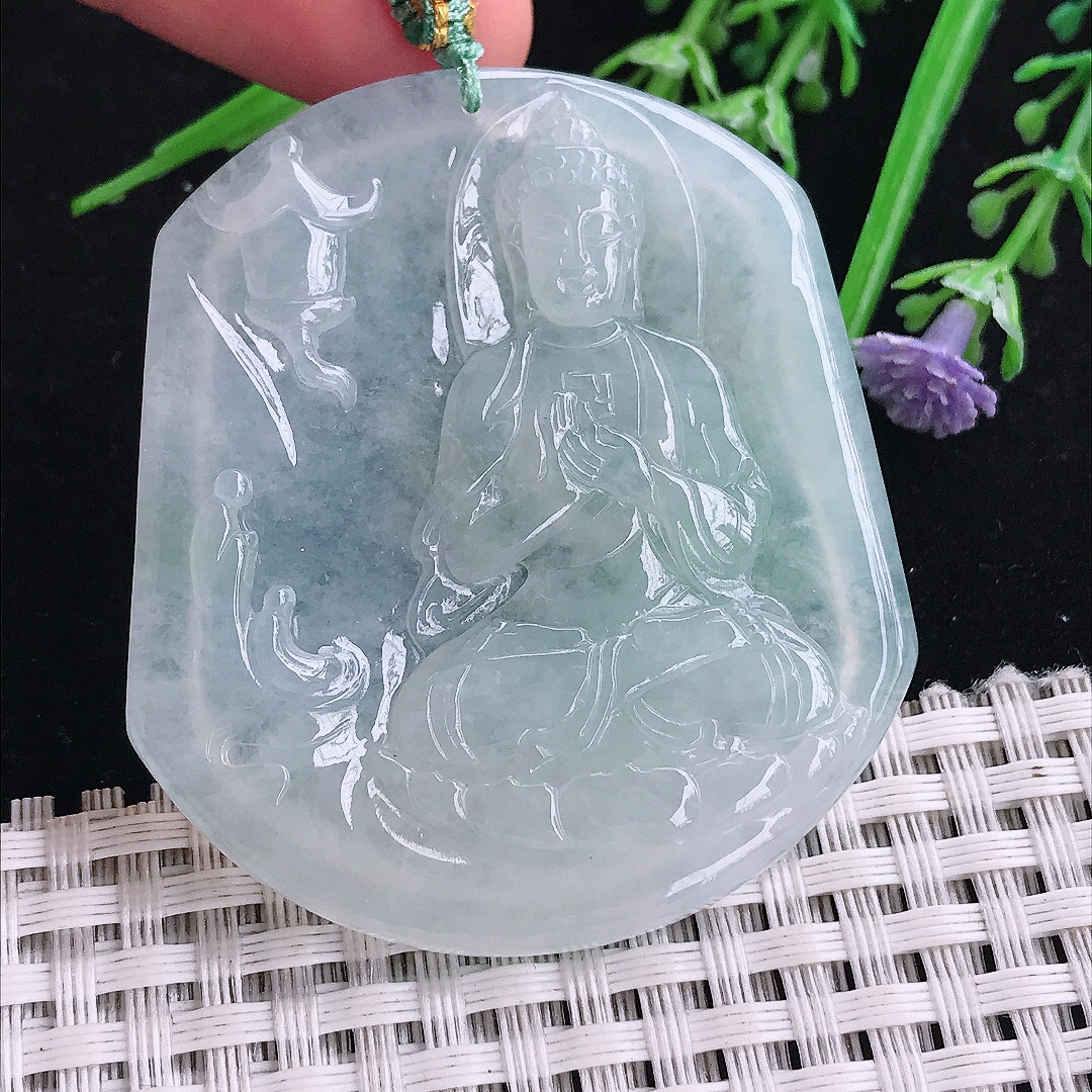 实拍A货翡翠52.8/46.3/5.3老坑冰胶水灵大日如来佛吊坠翡翠玉挂件