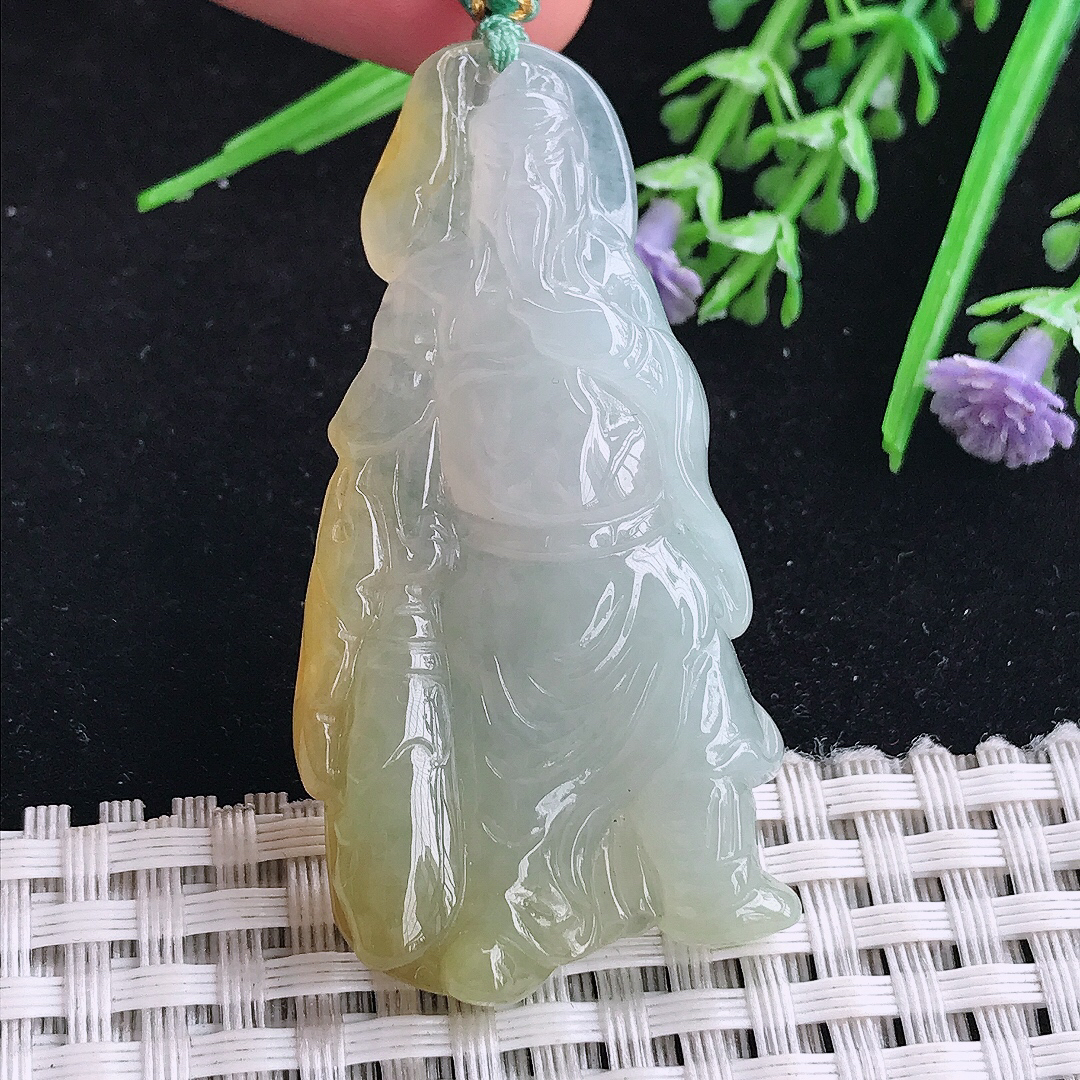 实拍A货翡翠53.8/27.2/9老坑冰胶冰黄翡关公吊坠翡翠玉挂件迦蓝菩萨