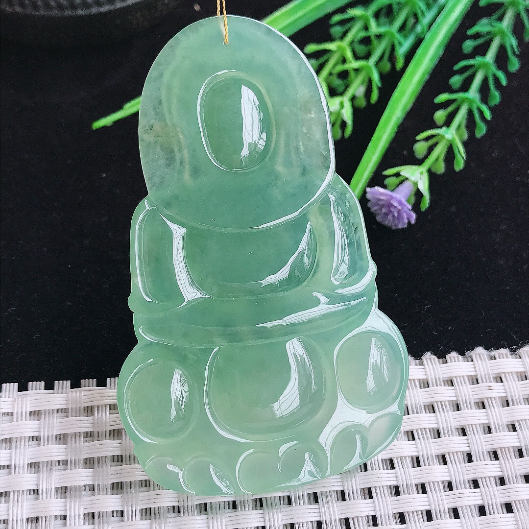 实拍A货翡翠69.8/43.8/6老坑冰润起胶甜绿满绿赐福观音吊坠翡翠玉观音