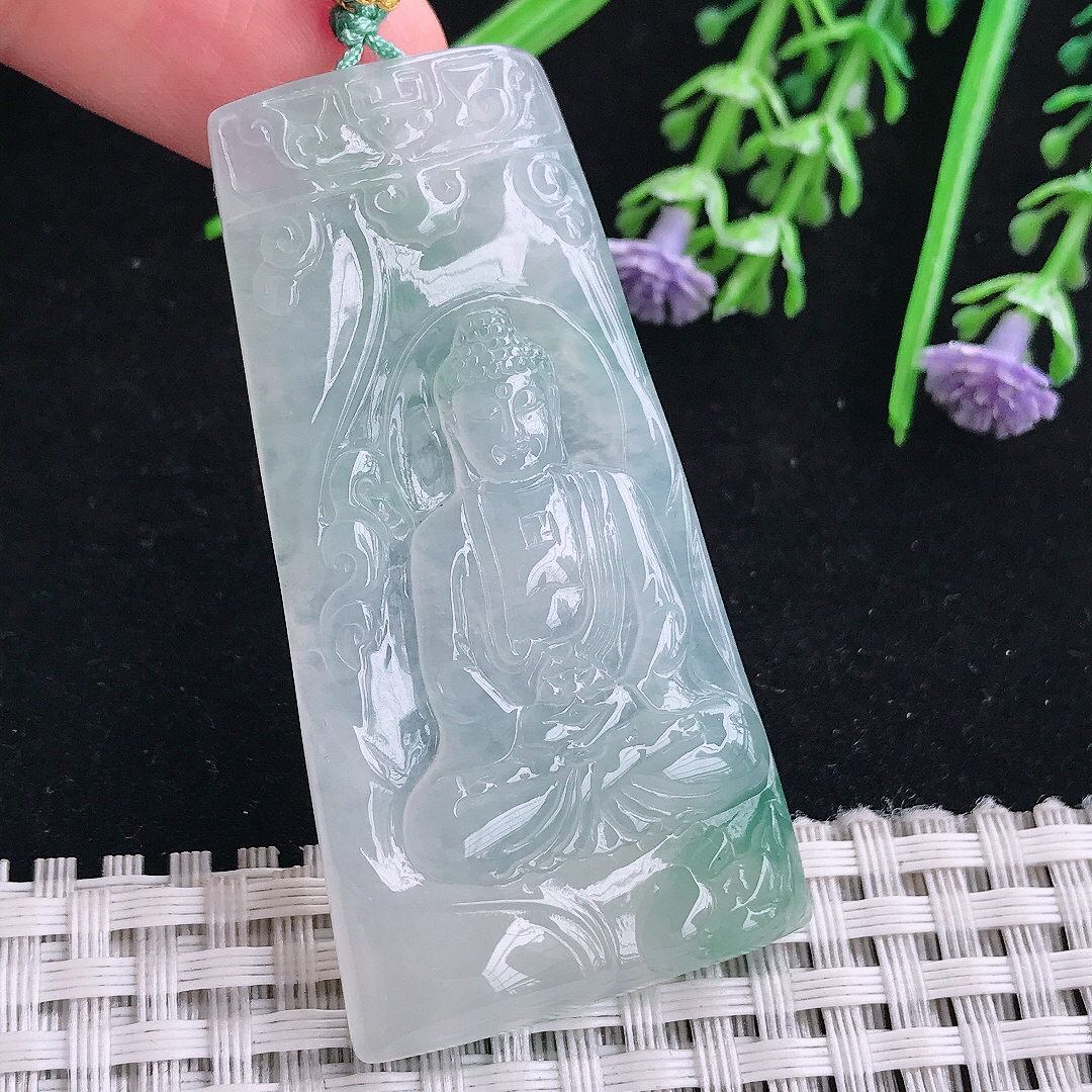 实拍A货翡翠57/29/5老坑冰透起胶飘花大日如来佛祖吊坠翡翠玉挂件