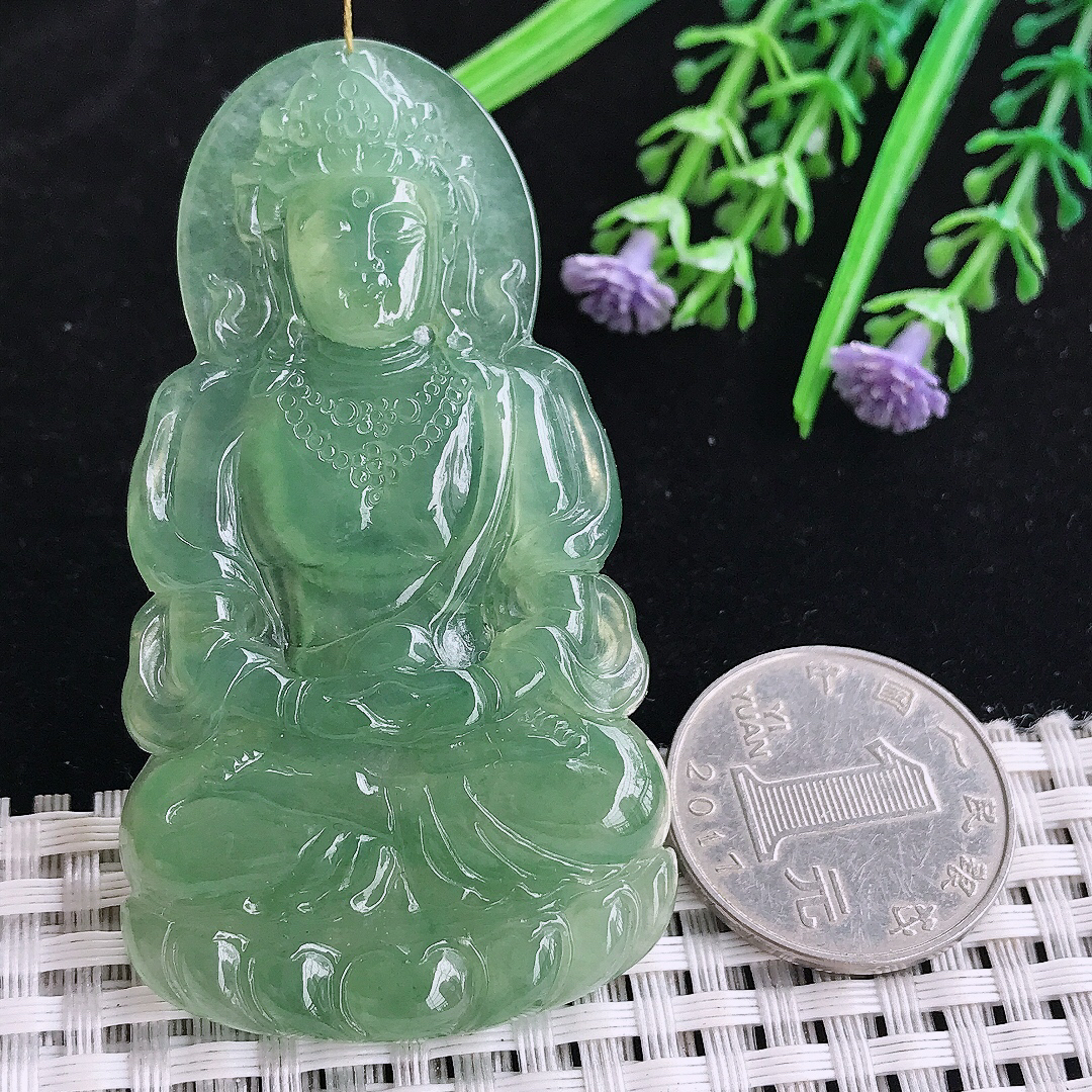 实拍A货翡翠66/36.5/5.5老坑冰胶冰晴满绿赐福观音吊坠翡翠玉观音