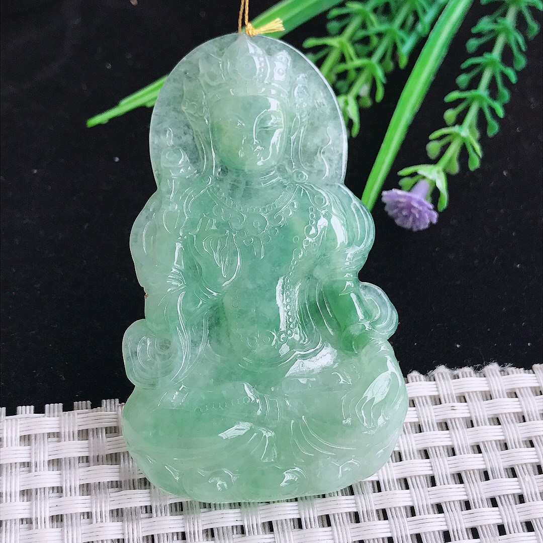 实拍A货翡翠68/41.2/5.5老坑冰润满绿度母菩萨吊坠翡翠玉挂件