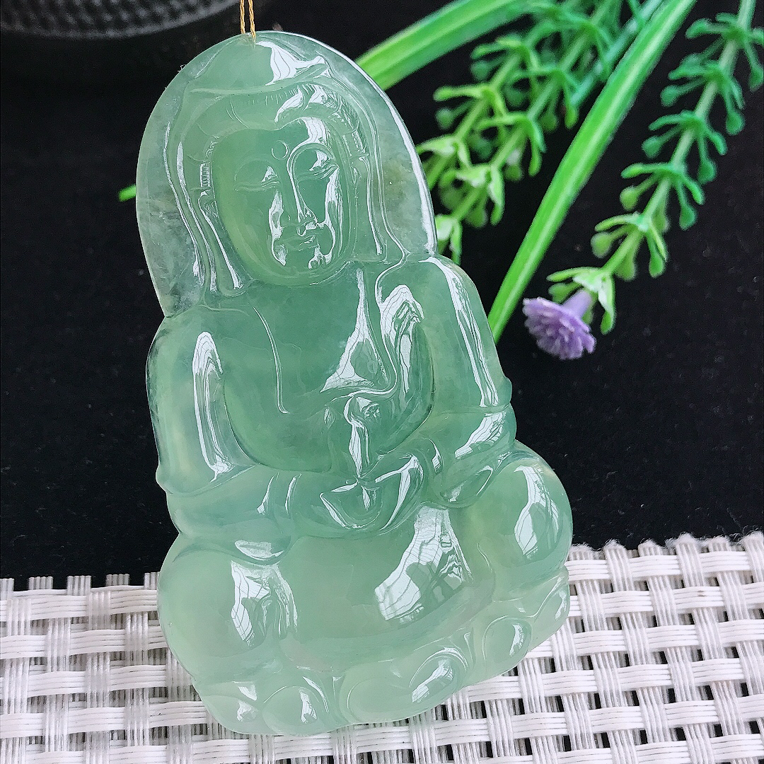 实拍A货翡翠69.8/43.8/6老坑冰润起胶甜绿满绿赐福观音吊坠翡翠玉观音