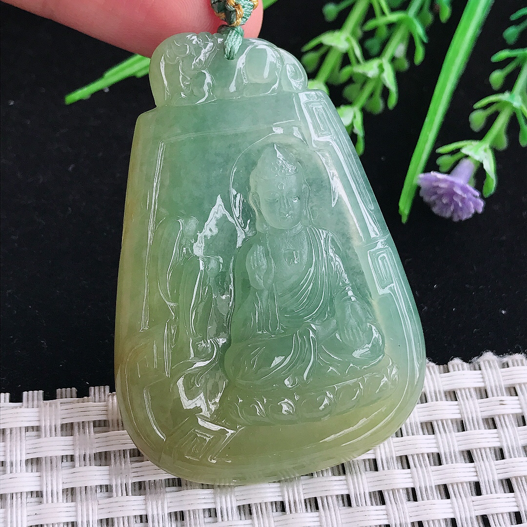 实拍A货翡翠54/38.6/5.3老坑冰胶黄加绿阿弥陀佛吊坠翡翠玉挂件