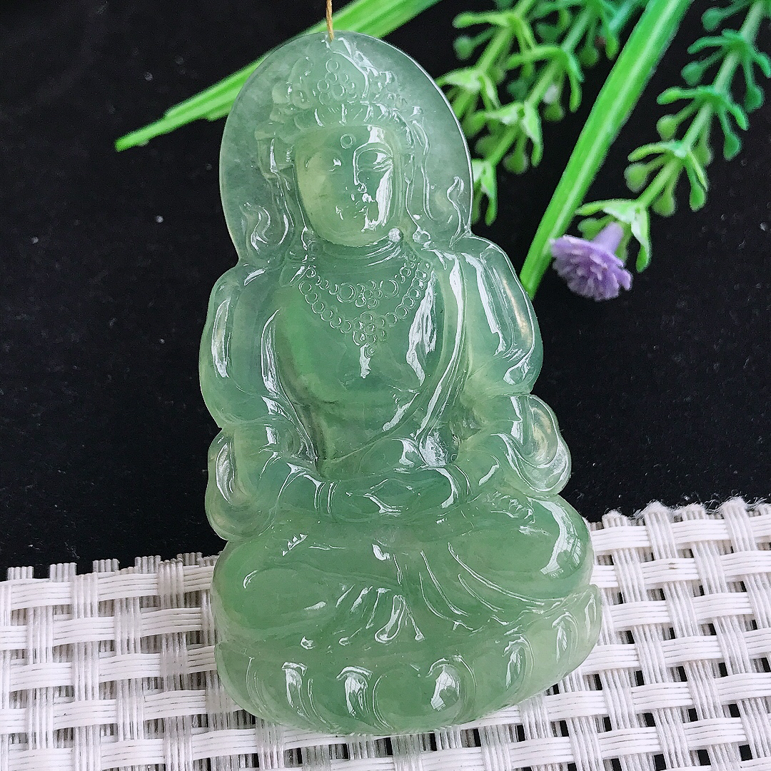 实拍A货翡翠66/36.5/5.5老坑冰胶冰晴满绿赐福观音吊坠翡翠玉观音
