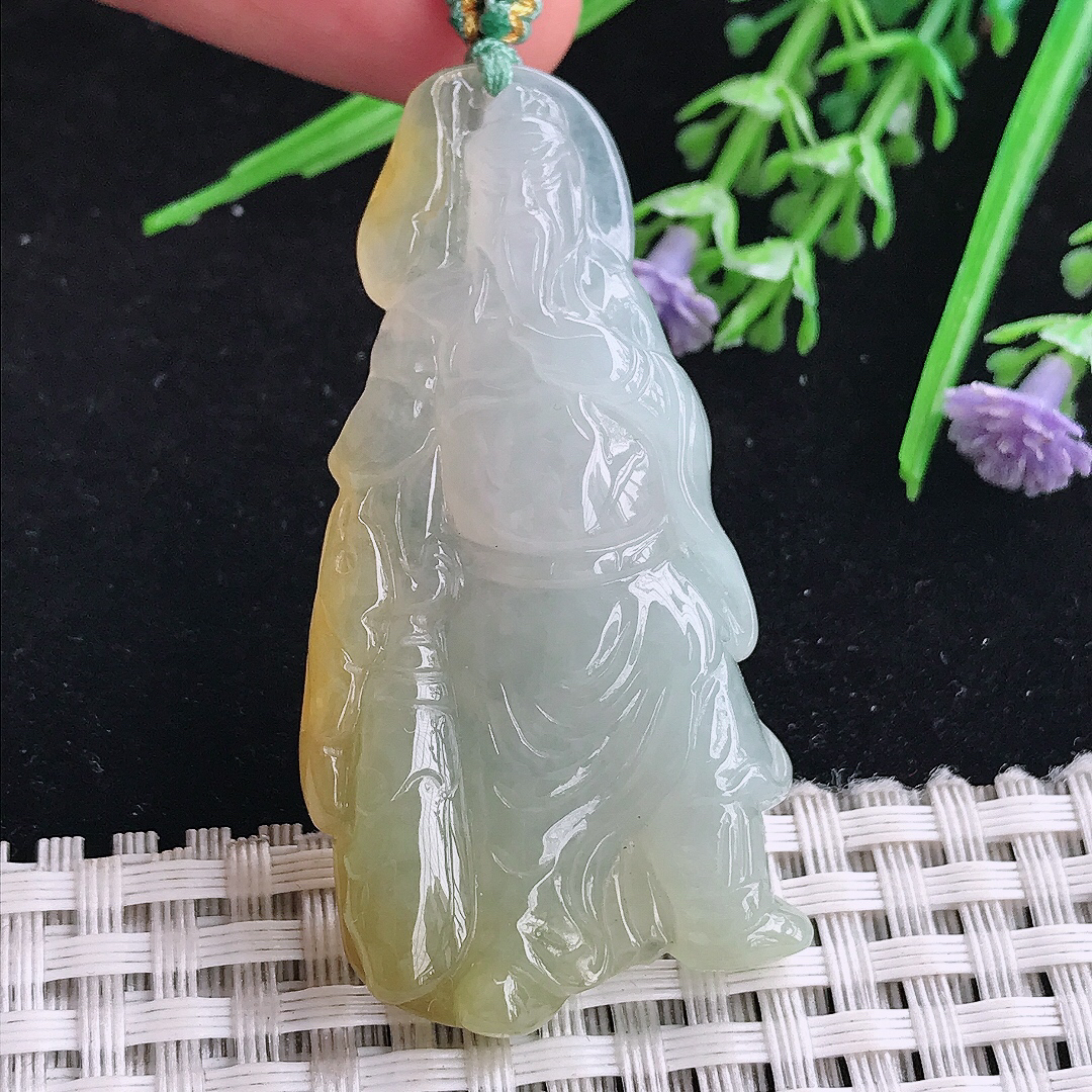 实拍A货翡翠53.8/27.2/9老坑冰胶冰黄翡关公吊坠翡翠玉挂件迦蓝菩萨