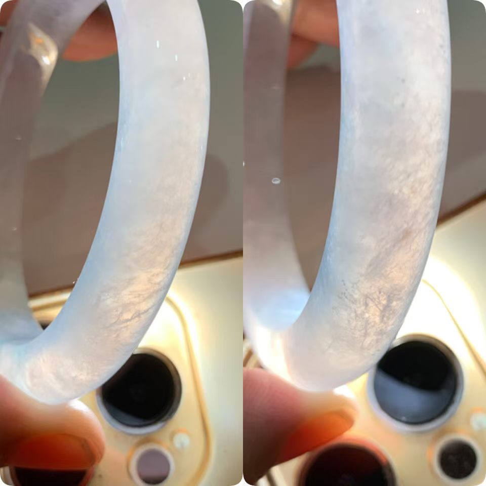 冰飘花正圈手镯尺寸56.5*10.5*9 老种，冰清透亮，水足充盈，起光起胶，花色灵动飘逸，微紫调，上手韵味十足！