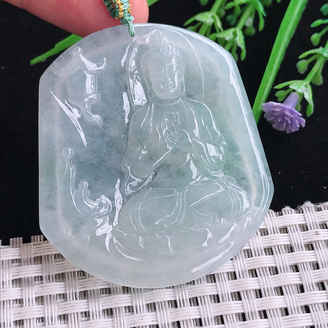 实拍A货翡翠52.8/46.3/5.3老坑冰胶水灵大日如来佛吊坠翡翠玉挂件