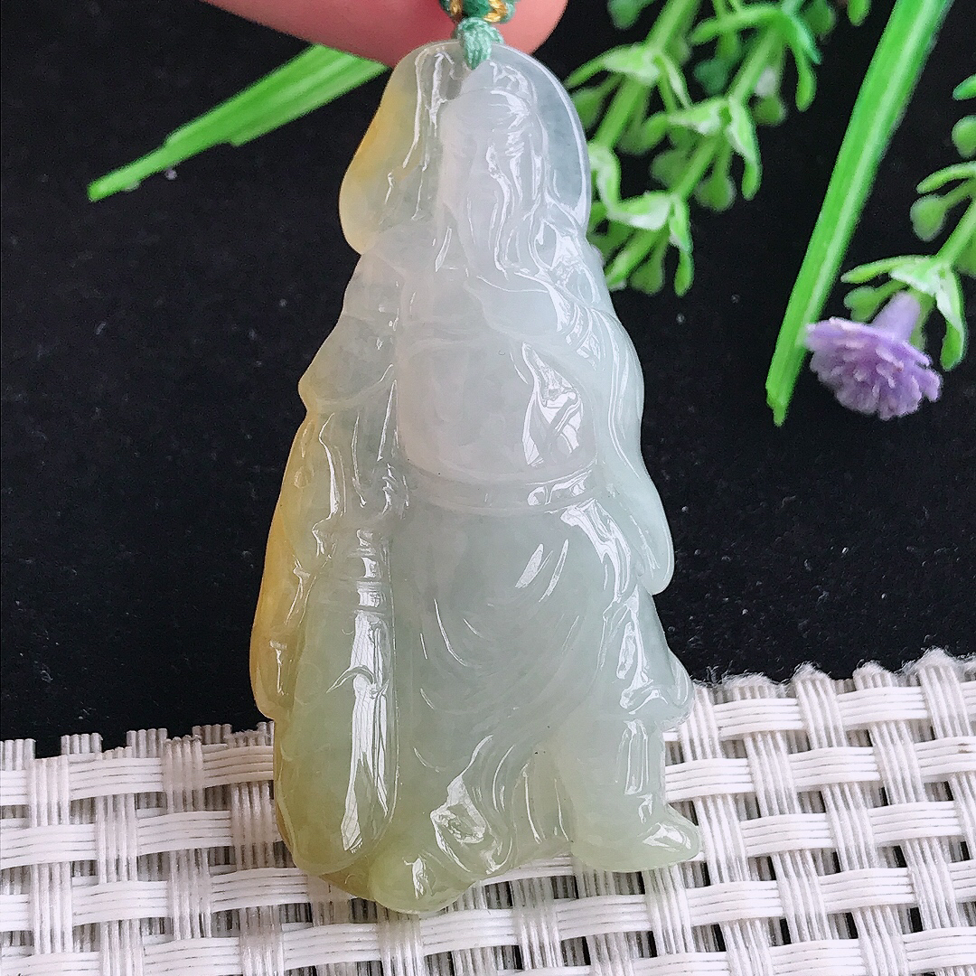 实拍A货翡翠53.8/27.2/9老坑冰胶冰黄翡关公吊坠翡翠玉挂件迦蓝菩萨
