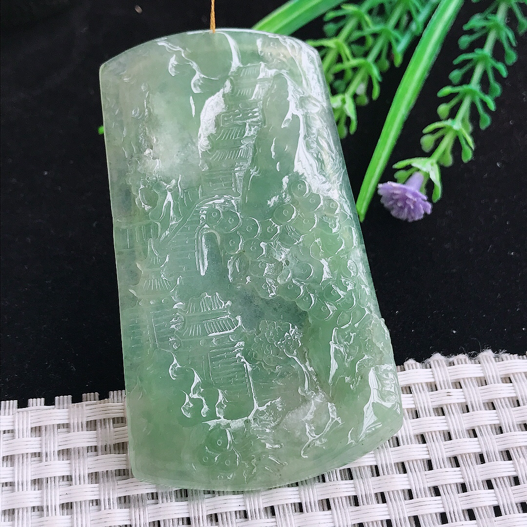 实拍A货翡翠70.5/41/4.7老坑冰透起胶冰晴绿山水牌吊坠翡翠玉挂件