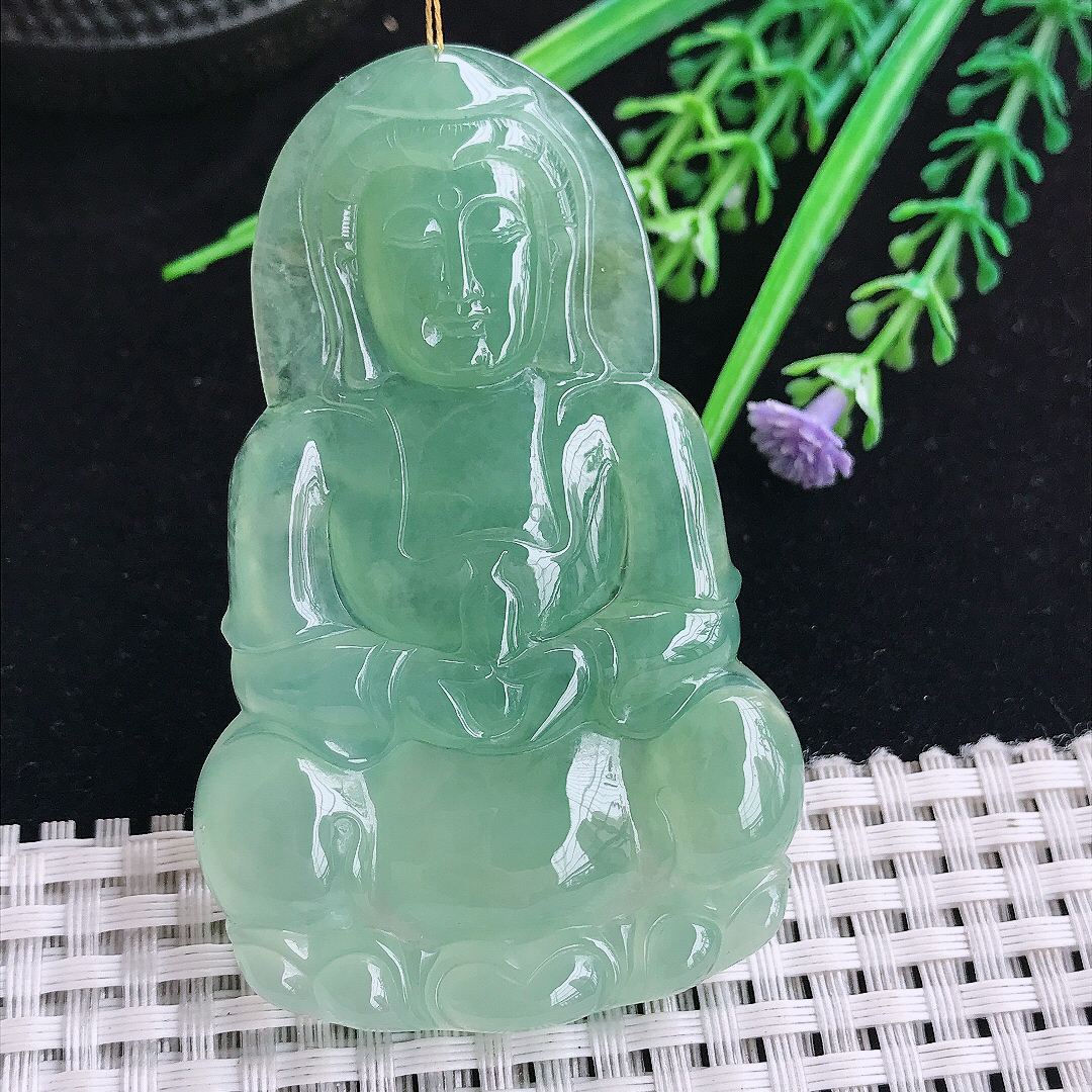 实拍A货翡翠69.8/43.8/6老坑冰润起胶甜绿满绿赐福观音吊坠翡翠玉观音