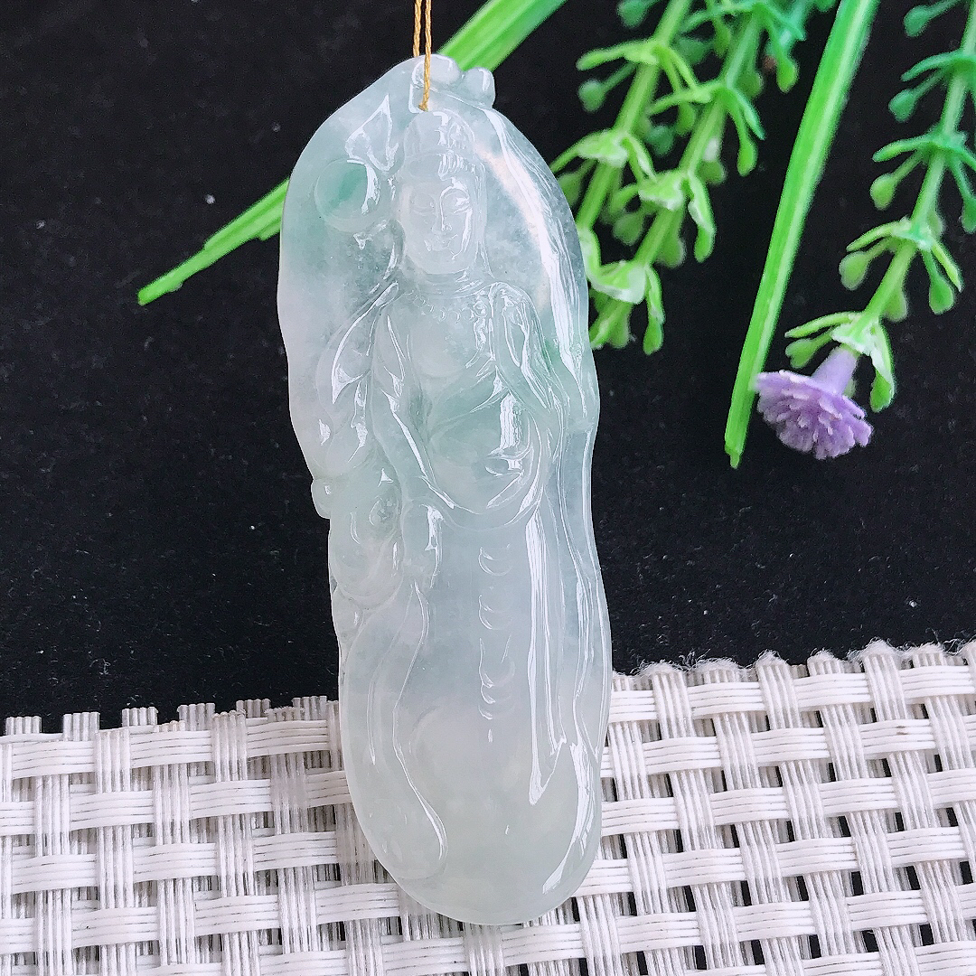 实拍A货翡翠60.5/22.2/6老坑冰透飘花自在观音吊坠翡翠玉挂件