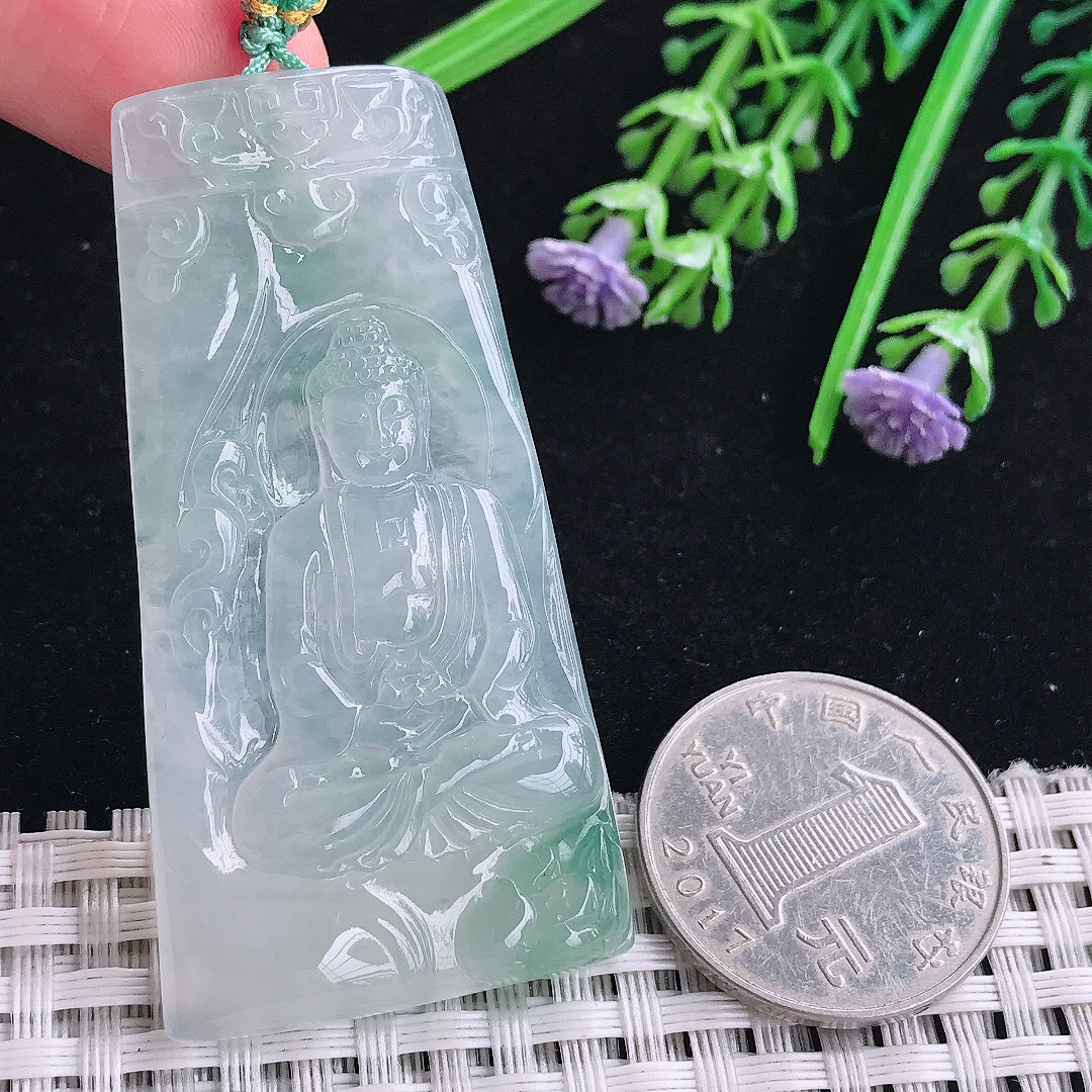 实拍A货翡翠57/29/5老坑冰透起胶飘花大日如来佛祖吊坠翡翠玉挂件