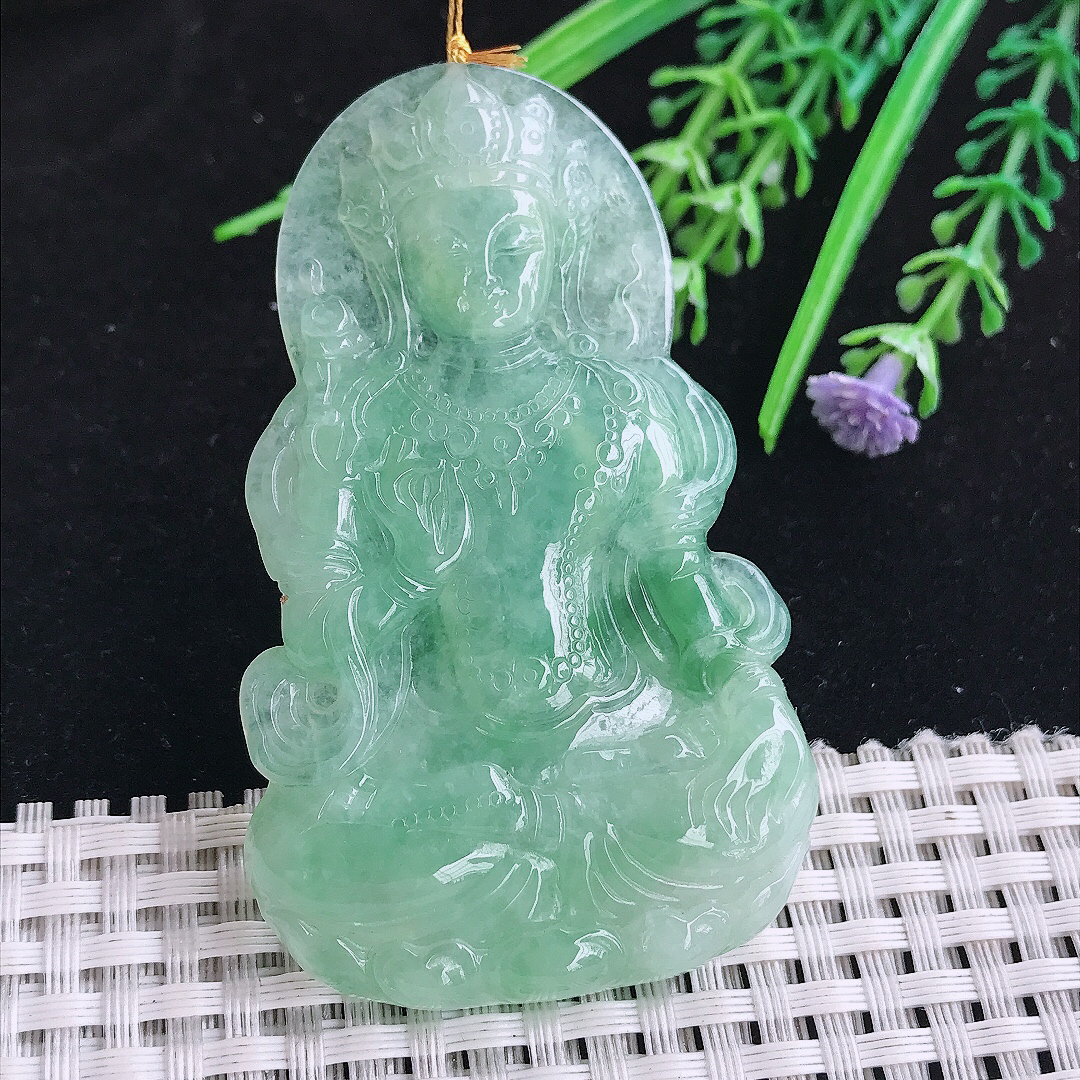 实拍A货翡翠68/41.2/5.5老坑冰润满绿度母菩萨吊坠翡翠玉挂件