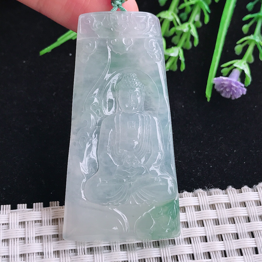 实拍A货翡翠57/29/5老坑冰透起胶飘花大日如来佛祖吊坠翡翠玉挂件